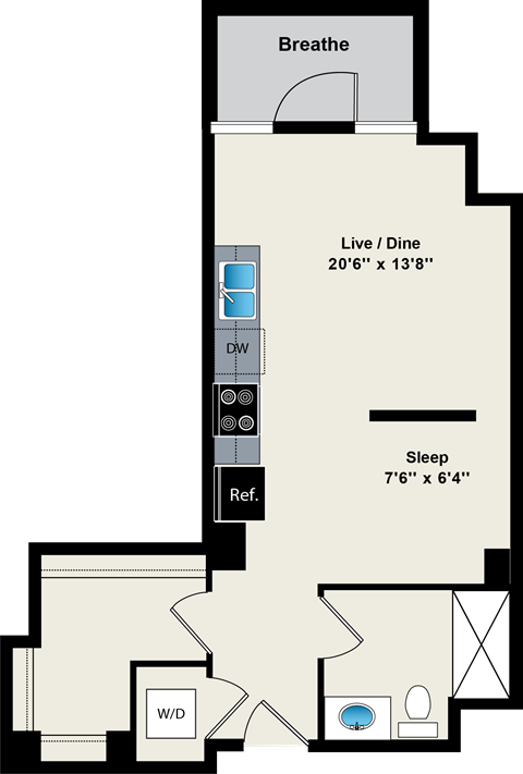 A floor plan of a room with a sleeping area, a dining area, and a living area.